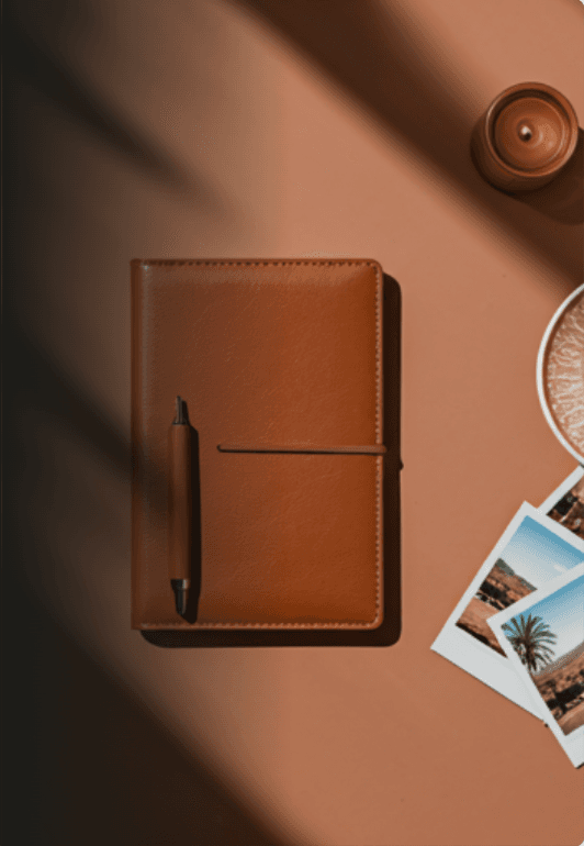 Carnet de voyage en cuir, stylo et photos de voyage